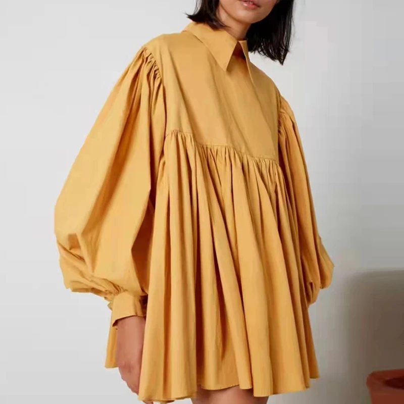 

Fashion Designer 2022 Spring Summer Casual Dress Women Yellow Red Lantern Sleeve Fashion Loose Mini Dresses