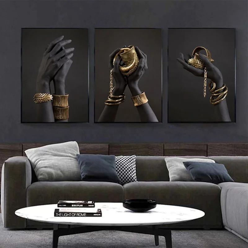 

Black Hand With Gold Bracelet Painting On Canvas Modern African Posters Prints Wall Art Pictures for Living Room Home Decor