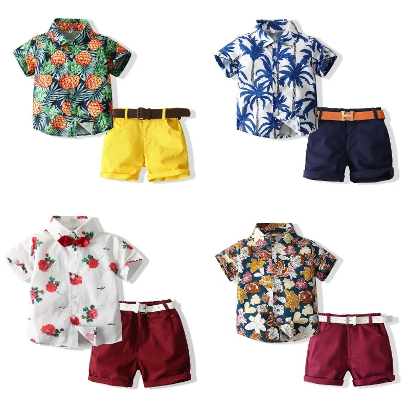 

Дизайнерские пляжные костюмы для мальчиков, рубашки с шортами, детская одежда из хлопка на лето 2021, Высококачественная модная повседневная ...
