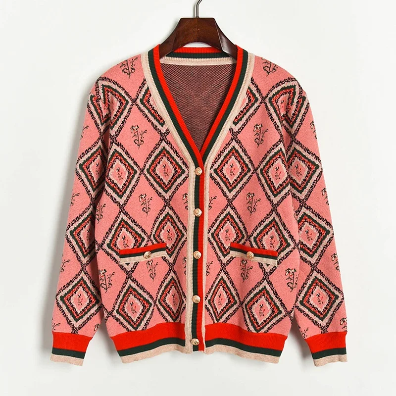 Женский жаккардовый кардиган в стиле ретро с ромбами вязаное пальто-свитер