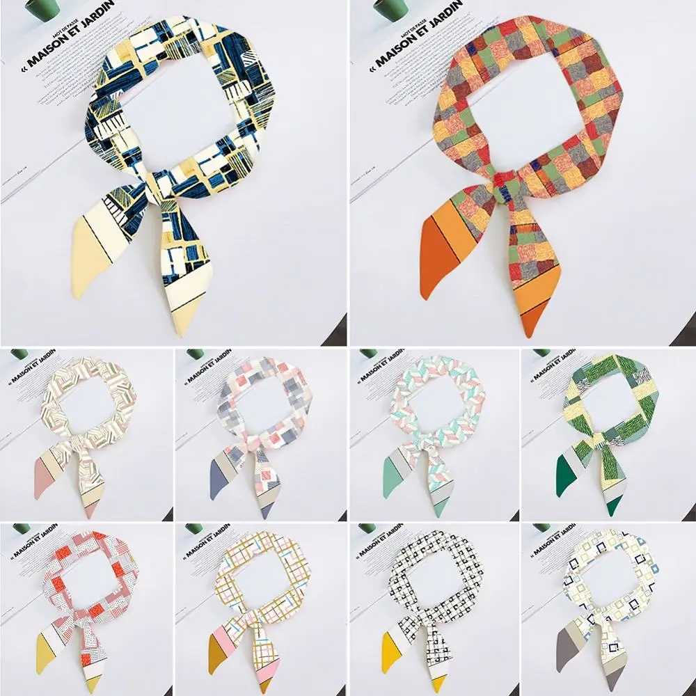 

Colorful Art Plaid Stripe Ladies Small Silk Scarf Elegant Charm Temperament Mutiple-Function Ribbons