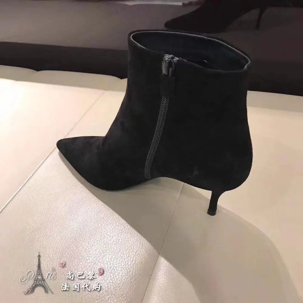 2019 fall black ankle boots for women pointed toe suede flock crystal star pearl 6.5cm heels short booties party office shoes | Обувь