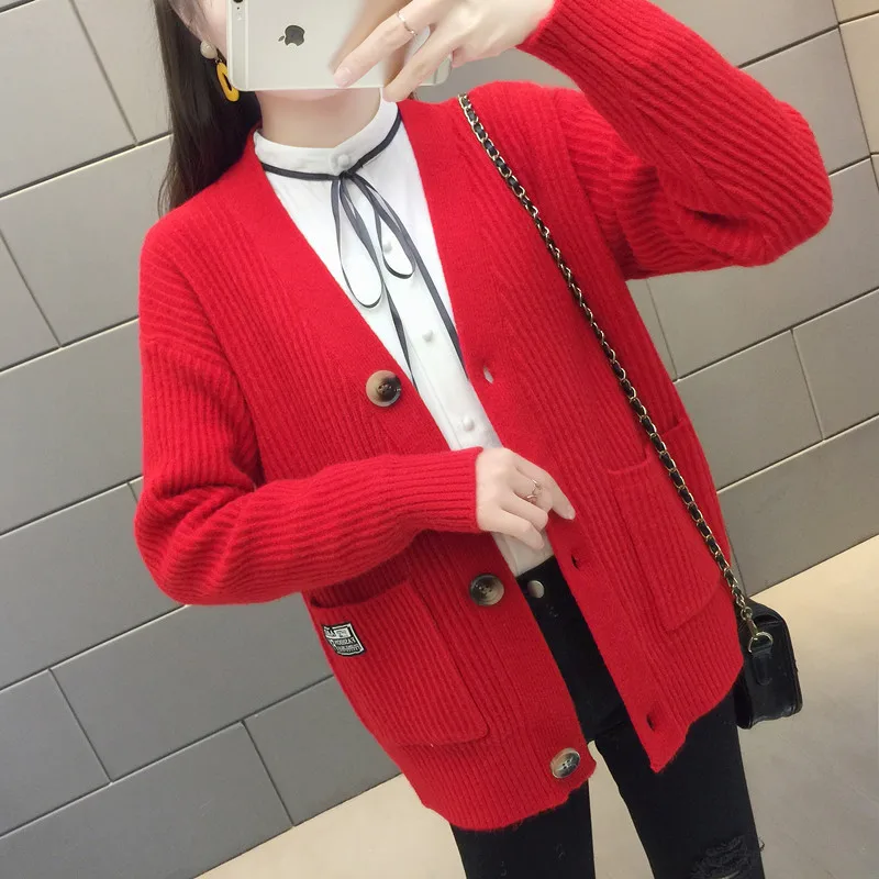 

Knitted cardigan all-match coat sweater female Korean version of early spring loose lazy style V-neck pocket crop top