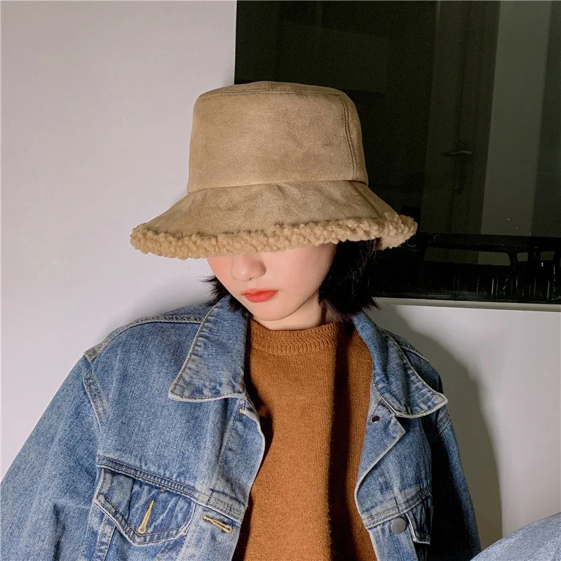 

Unisex Two Sided Hats Corduroy Faux Lamb Wool Hat Panama Cap Wwinter Warmth Fisherman Hat Ladies Men Bucket Hat Casual Caps