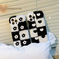 warm winter fluffy flower heart plush checks soft phone case cover for apple iphone 7 8 plus 11 pro 12 13 pro max xr xs max