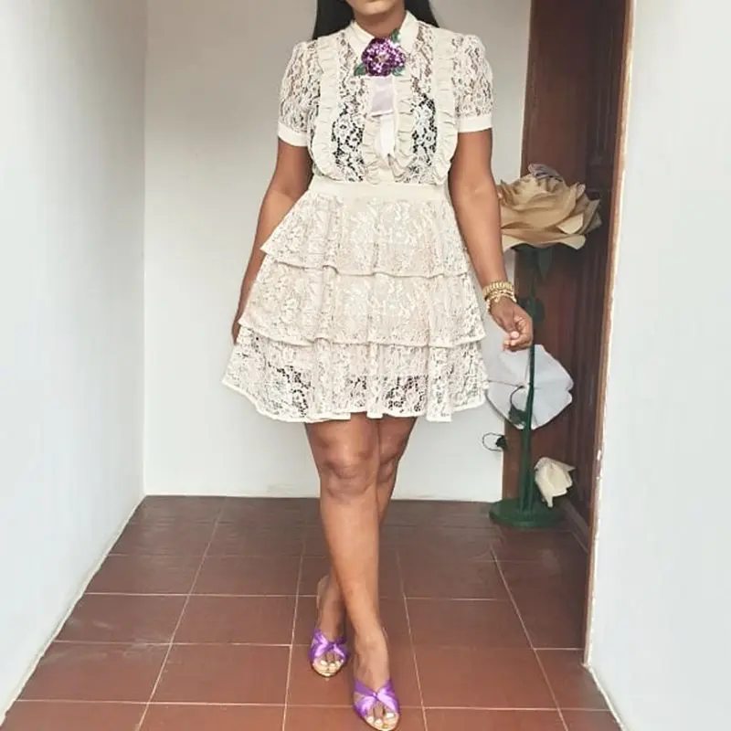 African Fashion Women Elegant Lace Cake Dress Short Party Ball Gown Sleeve Bowknot Sweet Princess Mini | Женская одежда