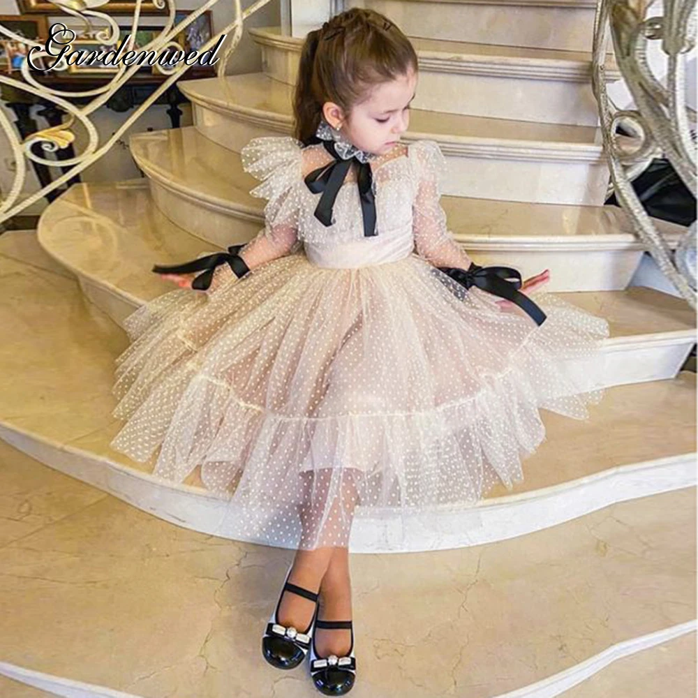 Тюлевое платье в горошек для девочек с длинными рукавами и лентами | Свадьбы