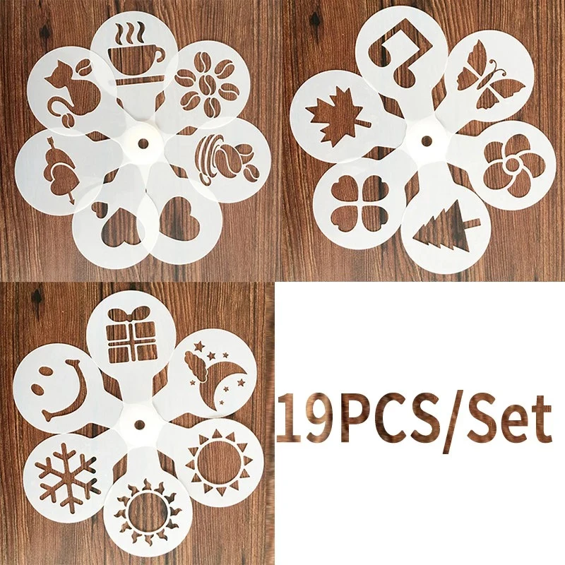 

19Pcs Coffee Printing Model Cappuccino Coffee Stencils Template Chocolate Shaker Cocoa Flour Spray Strew Flower Pad Coffee Tools