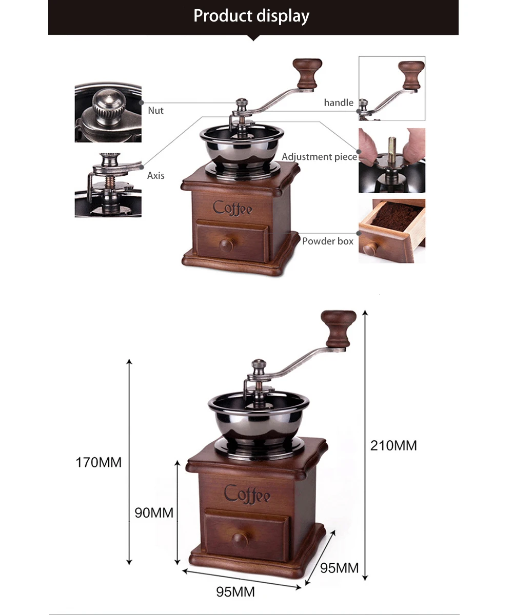 Кофемолка в винтажном стиле ретро ручная деревянная металлическая мельница для