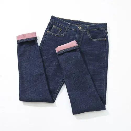 dark-blue-pink velet Плюс вельветовые джинсы женские повседневные брюки джинсы с высокой талией узкие брюки с эластичной резинкой на талии модные джинсовые брюки зимние теплые большие размеры 34 - Цвет: dark-blue-pink velet