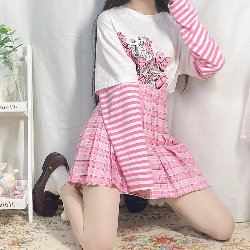 

Spring 2021 Preppy Style Women Skirt Kawaii School Uniform JK Pink Skirts Female High Waist Tennis Plaid Pleated Skirts Mujer