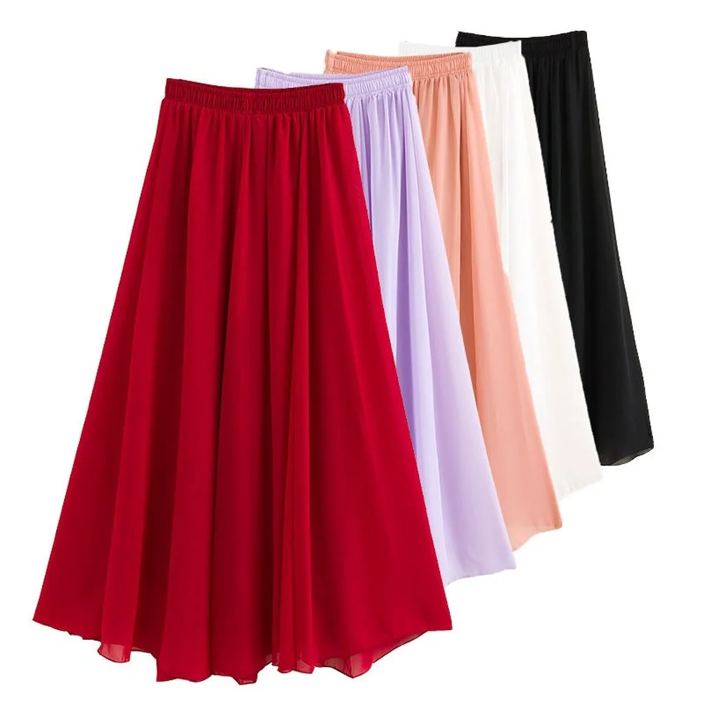

Dancing Skirt New Black White Red Chiffon Midi Skirts Womens 2022 Mid-length A-line Plus Size Fairy Long Skirt Summer Clothes