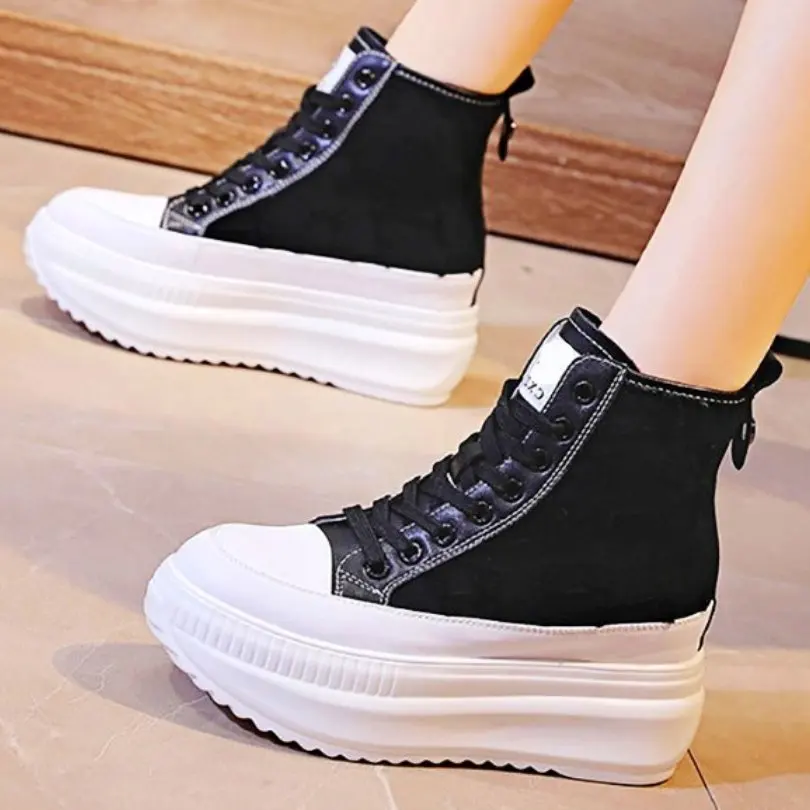 

EUR34-EUR39 Fashion Sneakers Women Cow Leather High Platform Ankle Boots Canvas Chunky Lace Up Creepers Oxfords Casual