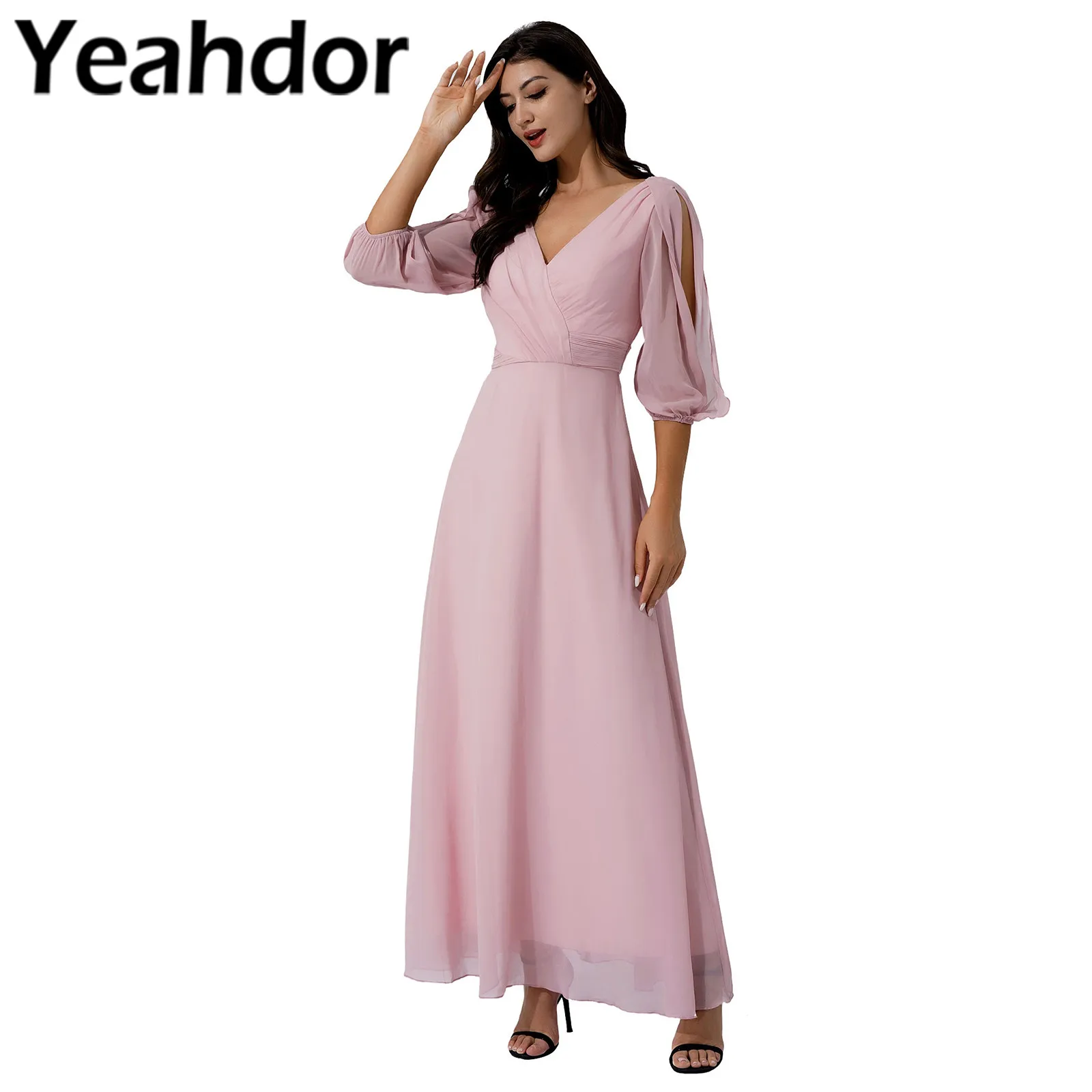 

Women Bridesmaid Dresses Sexy V Neck Pleated Chiffon Maxi Long Dress Wedding Evening Party Summer Elegant Women's Pageant Dress