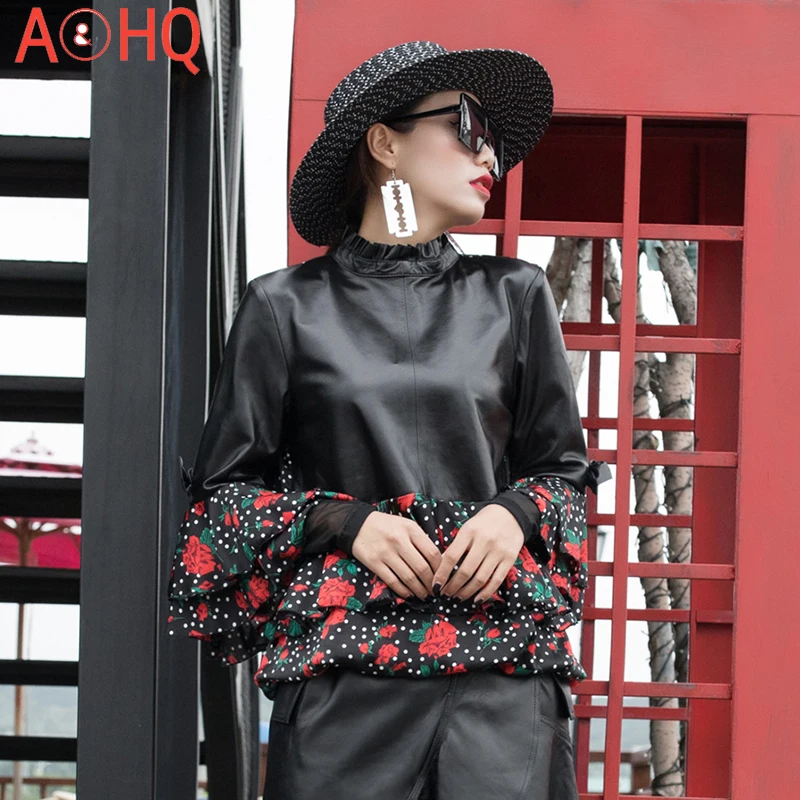 

Autumn Sheepskin Spliced Chiffon T-shirt Women 2021 New Flower Printed Fashion Ruffles Real Leather Tops Ladies Slim Streetwear