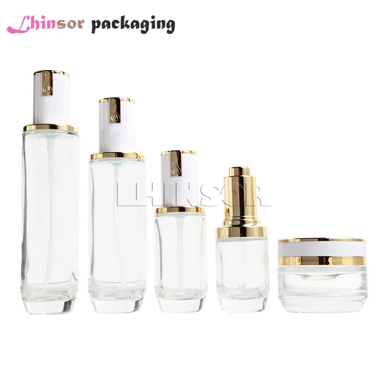 

5pcs/lot High-grade Gold Plated Lid Transparent Glass Press Dropper Lotion Bottles Cream Jars Cosmetic Packaging Containers