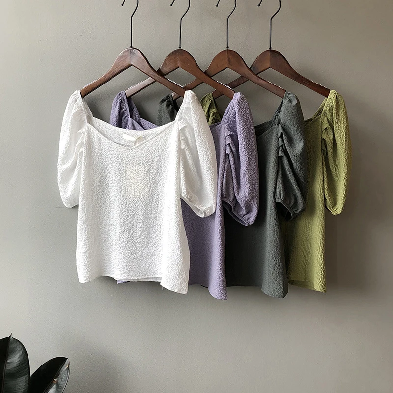 Женская винтажная блузка GOPLUS белая с квадратным вырезом и пышными рукавами в