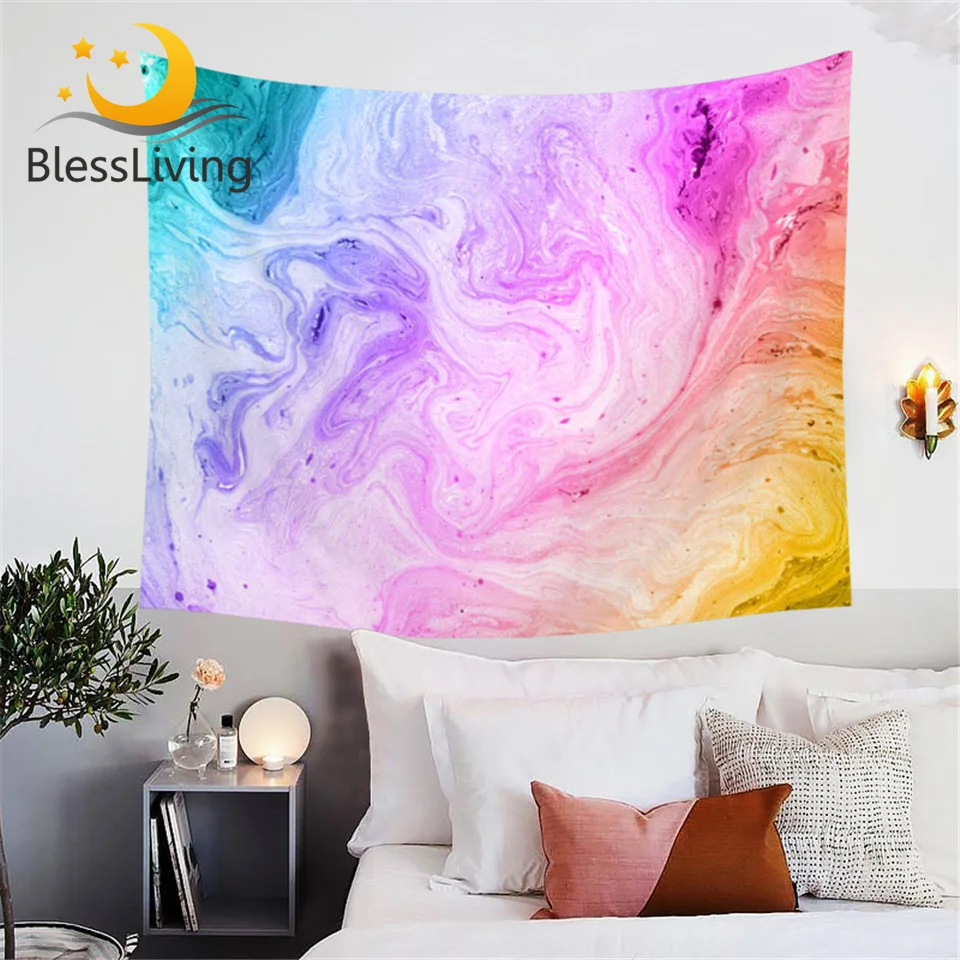 

BlessLiving Rainbow Abstract Watercolor Tapestry Marble Tapestries Pink Yellow Green Wall Hanging Home Decor Girls Bedspread