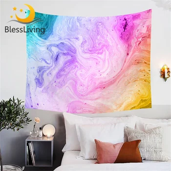 BlessLiving Rainbow Abstract Watercolor Tapestry Marble Tapestries Pink Yellow Green Wall Hanging Home Decor Girls Bedspread 1