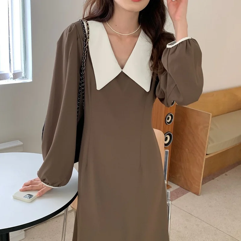 

Autumn French elegance Hepburn style Lapel contrast waist lace up thin bubble sleeve dress