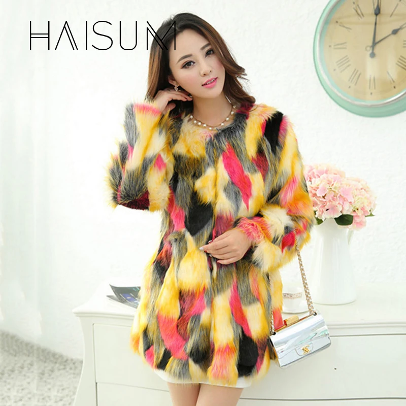 Женское пальто из искусственного меха зимнее теплое смешанных цветов лисьего с