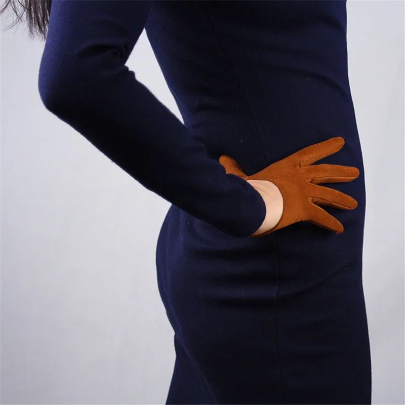 

Перчатки женские замшевые, ультракороткие, 13 см, цвет коричневый, верблюжий, матовые, с имитацией кожи, WJP32