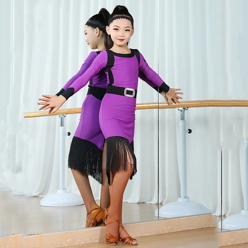 

New Latin Dance Dress Girls Long Sleeve Purple Fringe Dress Kids Latin Performance Clothes Samba Practice Set Stage Dress BL5160