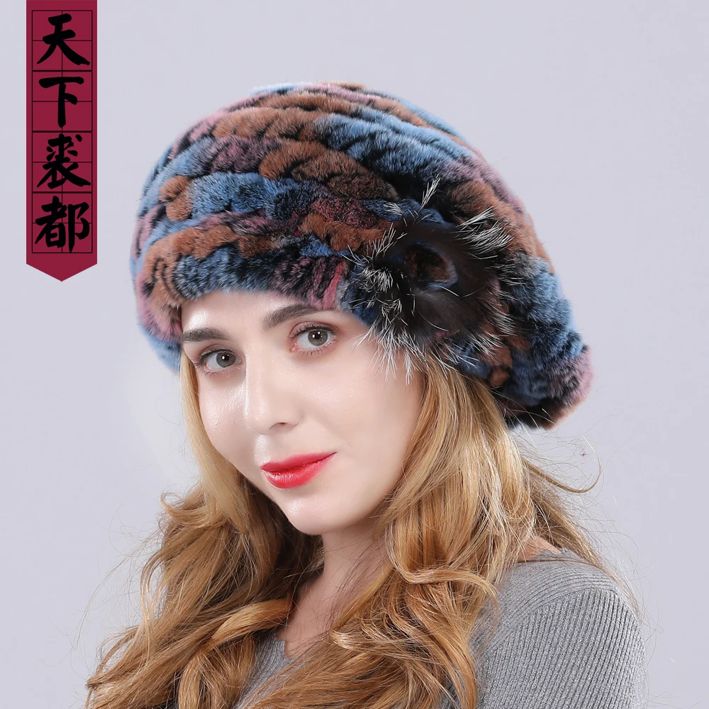 Новые стильные Зимние береты для женщин вязаные Настоящий мех кролика шапки из