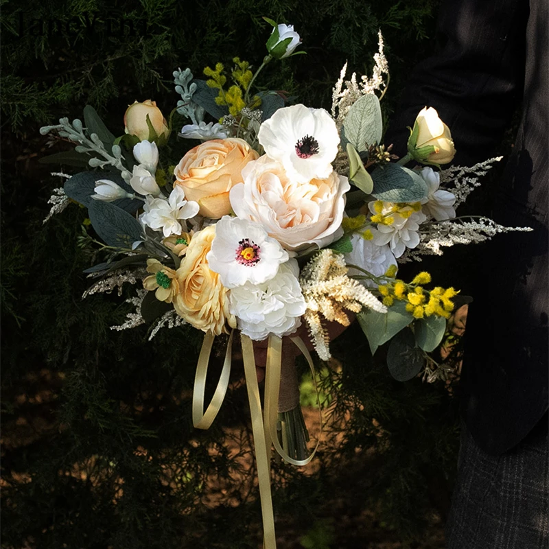 

JaneVini New European Style Wedding Bouquets Yellow Flowers Artificial Silk Roses Outdoor Bridal Fake Bouquet Ramo Flores Novia