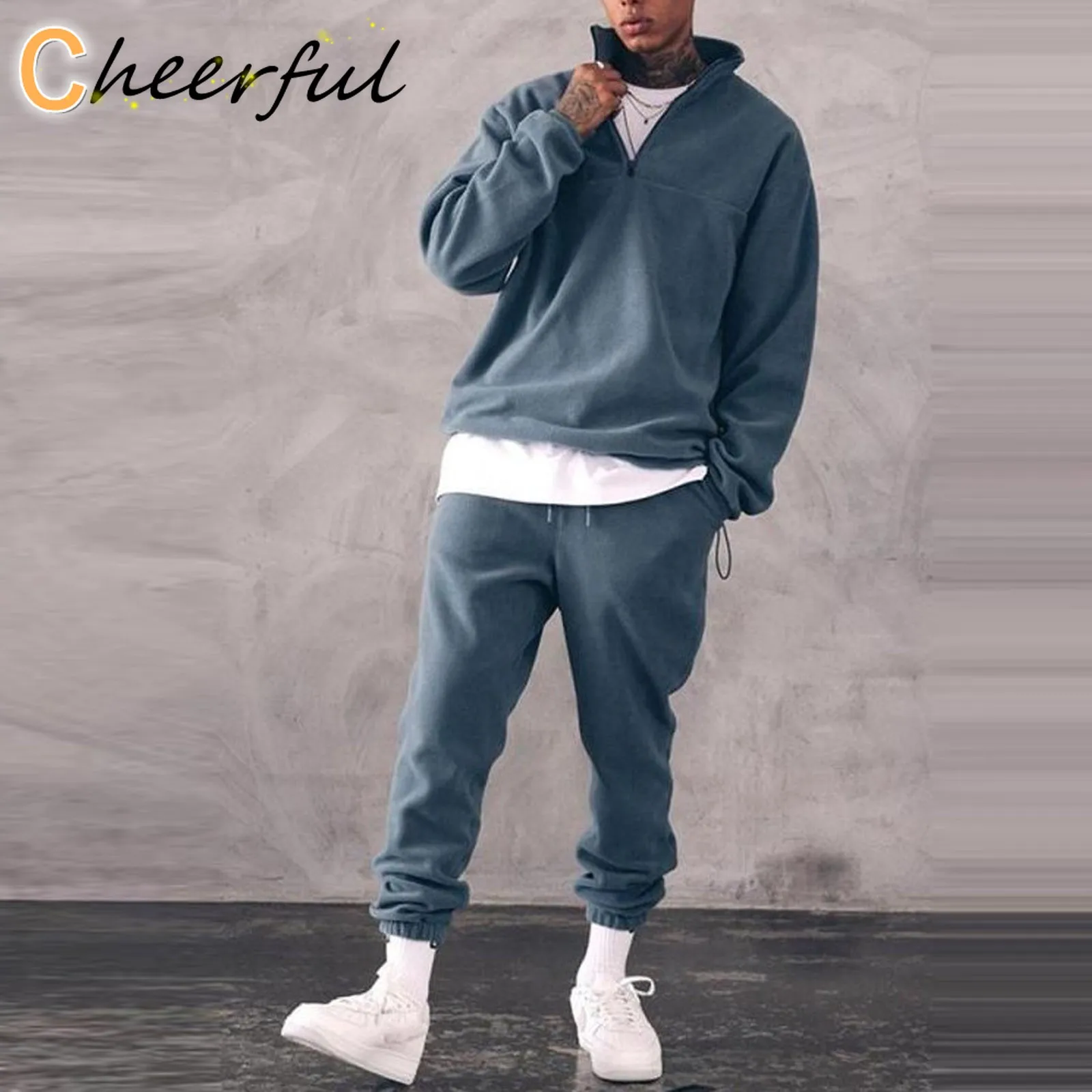 

Мужской спортивный костюм с воротником-стойкой, теплый однотонный спортивный костюм, повседневный комплект из 2 предметов, зима 2021