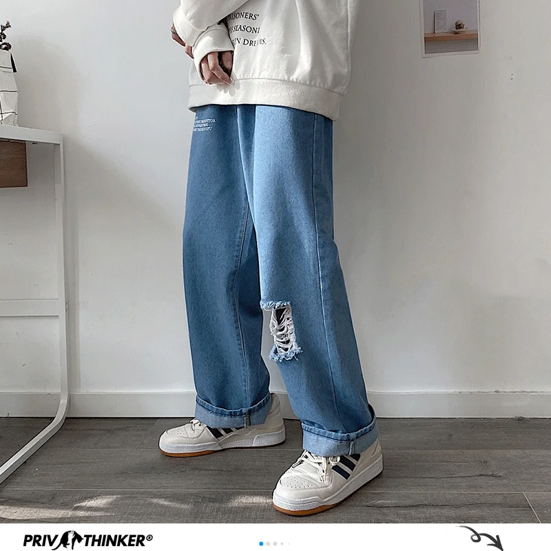 Privathinker High Street Ripped Hip Hop Mens Jeans 2020 Summer Wide Leg Man Loose Fashion Vintage Male Denim Pants Clothes | Мужская