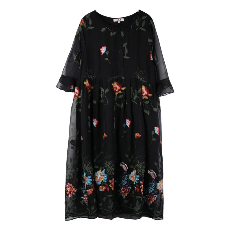 

Pink Chiffon Dress Summer Floral Embroidery Patchwork Print Dress Elegant Flare Sleeve Midi Dress Women 3XL 4XL Plus Size Dress