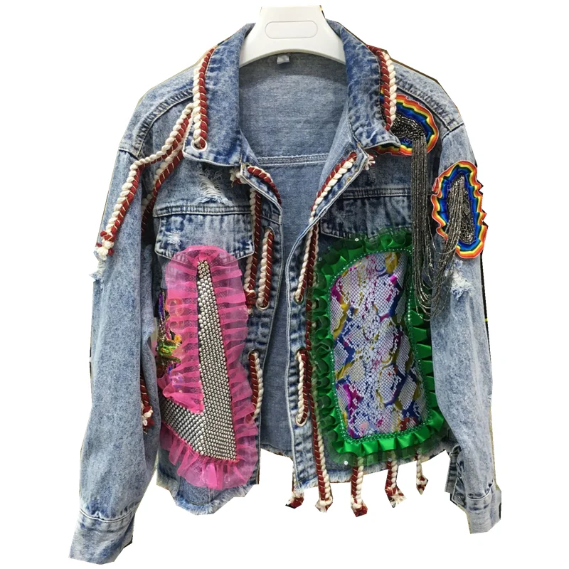 

2021 Autumn New Hole Beaded Denim Jacket Women Fashion Patch 3D Decoration Tassel Contrast Color Jean Coat Female Streetwear