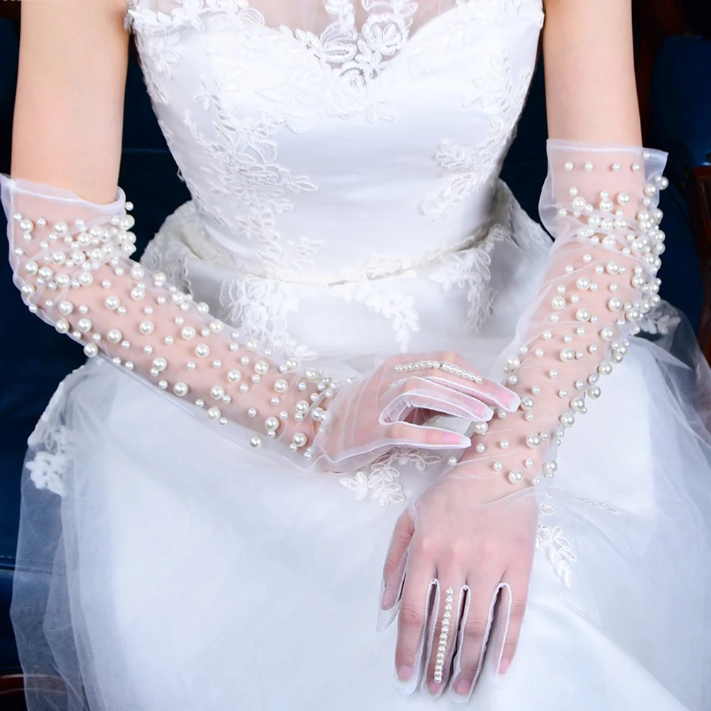 

Роскошные женские блестящие длинные перчатки ручной работы с сеткой и кристаллами, для танцев, певиц, сцены, шоу, свадьбы с белым жемчугом