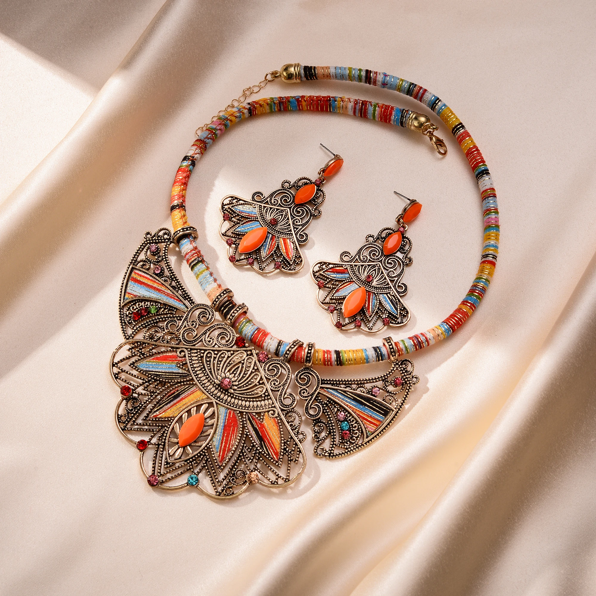 Этническое массивное ожерелье серьги Женский комплект ювелирных изделий с