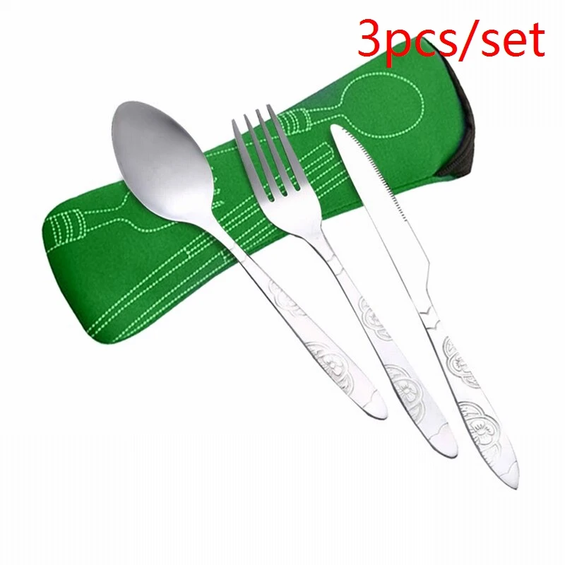 green 3pcs 3 шт./6 шт./компл. Портативный Нержавеющая сталь набор столовых приборов цветок картина вилка ужин набор посуды домашней утвари посуды сумка - Цвет: green 3pcs