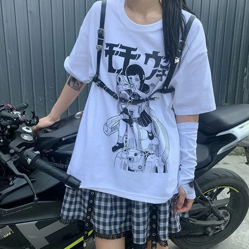 

QWEEK Japanese Style Anime T-shirt with Prints Summer Harajuku Short Sleeve Letter Kawaii Oversized T-shirt White Top Korean