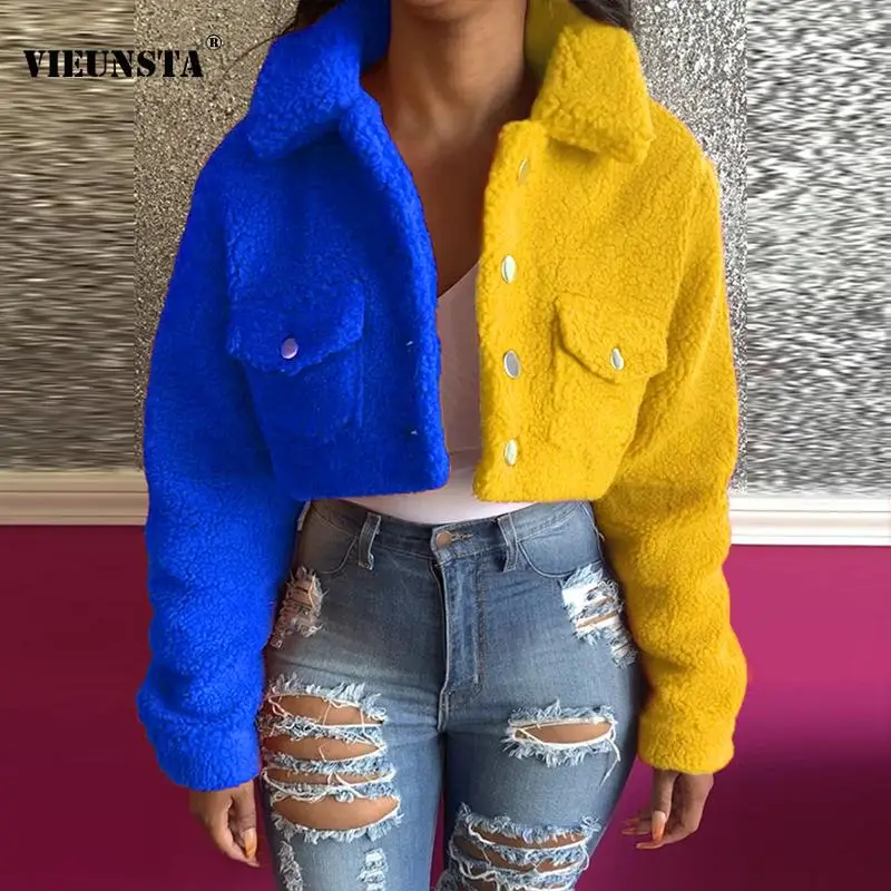 

Fashion Colorful Print Patchwork Shaggy Jacket Women Elegant Turn-down Collar Button Tops Cardigan Autumn Winter Pocket Outwear