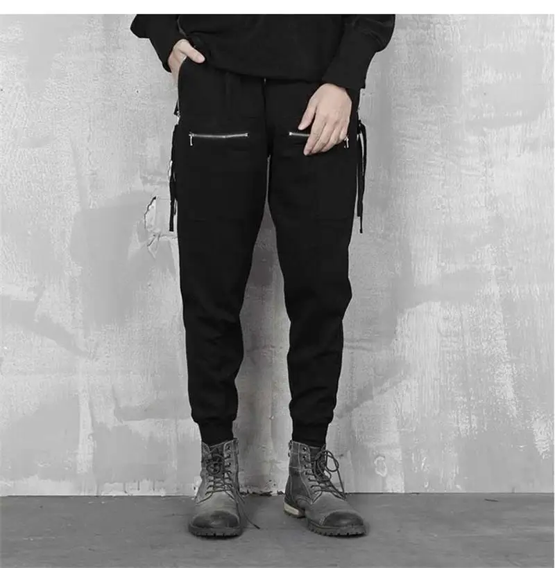 Men's Casual Pants Spring And Autumn New Pure Color Elastic Waist Hip Hop Zipper Design Youth Slim Fashion Radish Pants