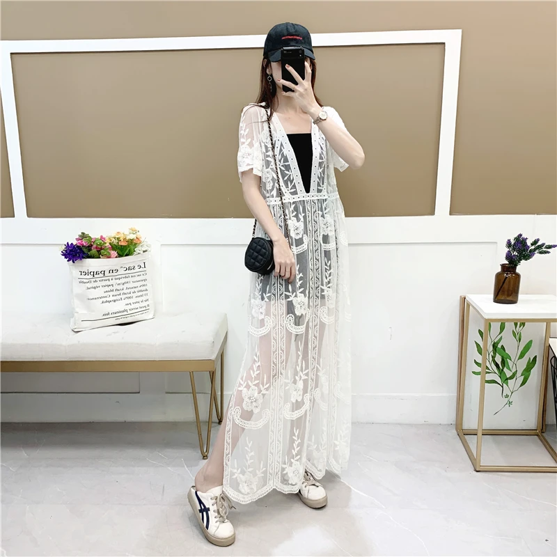 

Pearl Diary Women Crochet Kimono Dress Summer Beach Cover Up Cotton Flower Embroidery Sweet Lace Dress Vacation Plus Size
