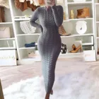 Модное женское зимнее платье с круглым вырезом, однотонные винтажные вязаные облегающие элегантные платья с длинными рукавами и цветами для женщин