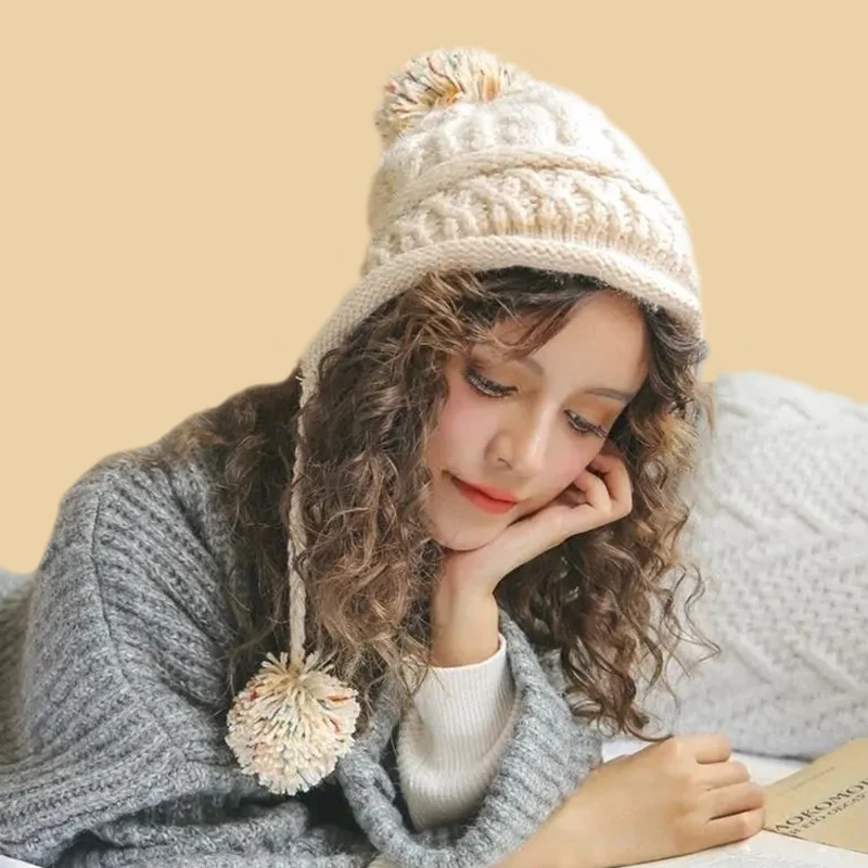 

Зимние шапки-бини, шапка для женщин, новинка, вязаный чехол с помпоном, милая вязаная шапка с ушками для девочек, шапки, классический теплый ч...