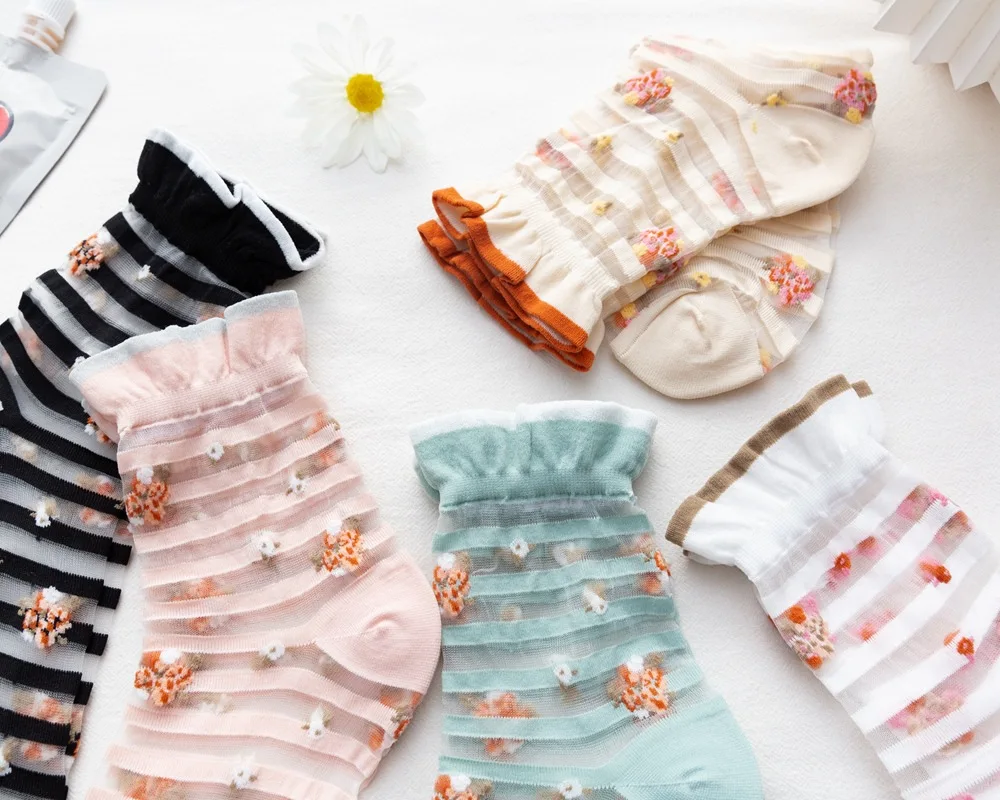 Girls Cute Socks Set 5 Pairs Lace Silk Cartoon Long Socks Thin Striped Printed Flower Summer Socks Fashion Casual Women Socks