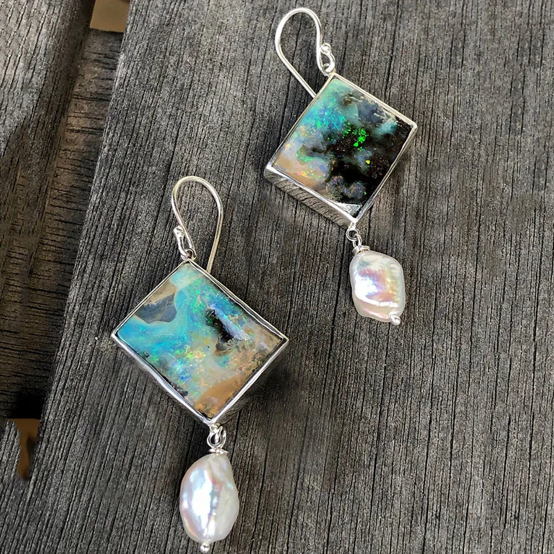 

Винтажные геометрические Эффектные серьги с голубым опалом, ювелирные изделия в стиле бохо для океана, квадратные металлические висячие се...