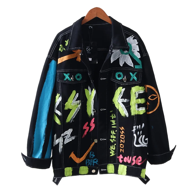 Уличная женская джинсовая куртка 2020 Осенняя корейская мода лацканы граффити