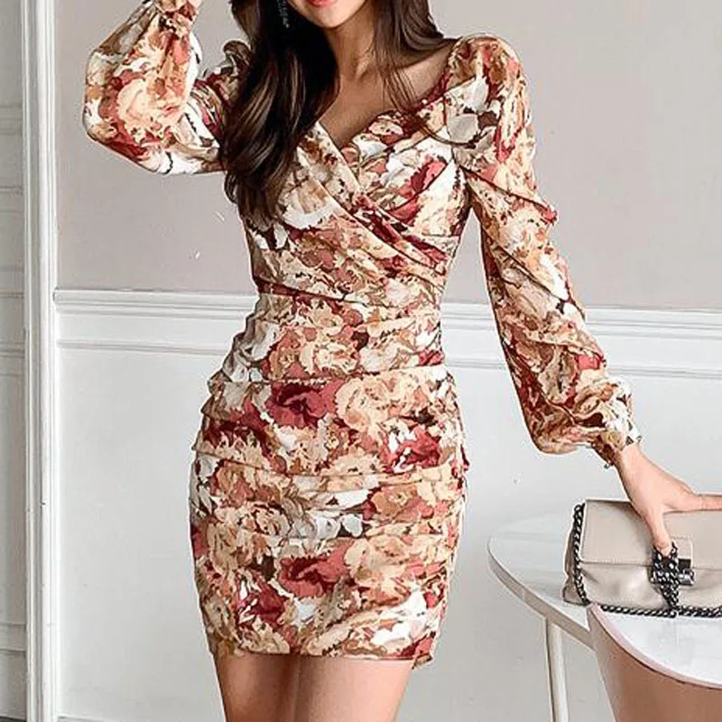 Robe d'automne et d'hiver pour femmes, tenue de célébrité, look mince, col en v, impression en dentelle, tempérament, nouvelle collection 2020