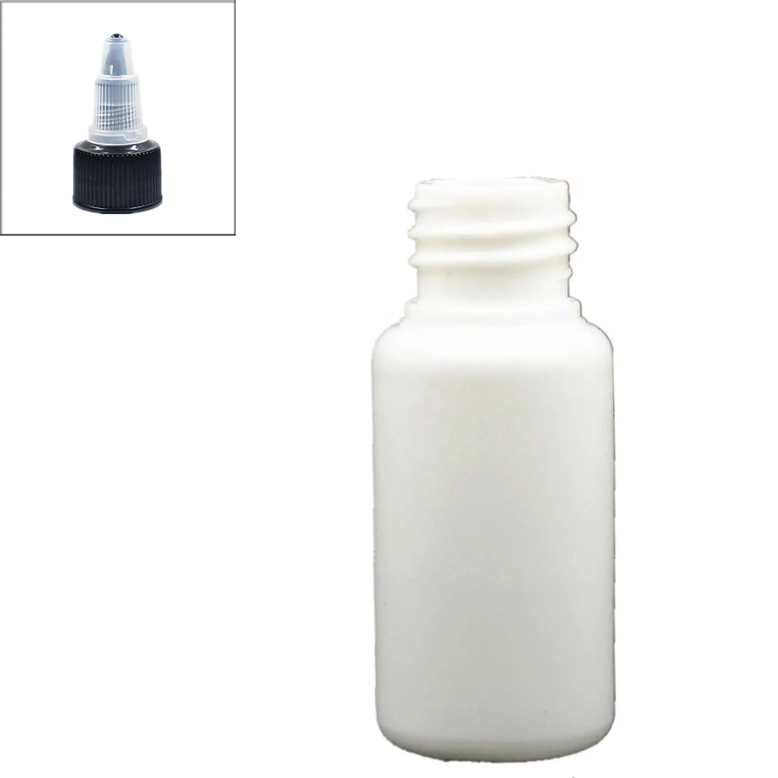 

15ml empty plastic bottle , white pe bottle with black Twist Top Caps, pointed mouth top cap X 10