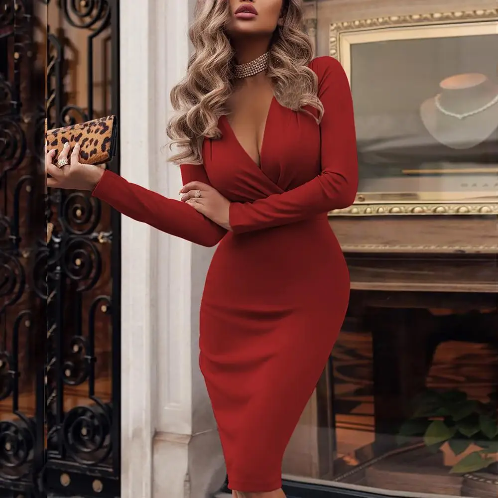 Women New Long Sleeve Deep V Neck Solid Slim SLong Dress Casual Simple High Stretchy Package | Женская одежда