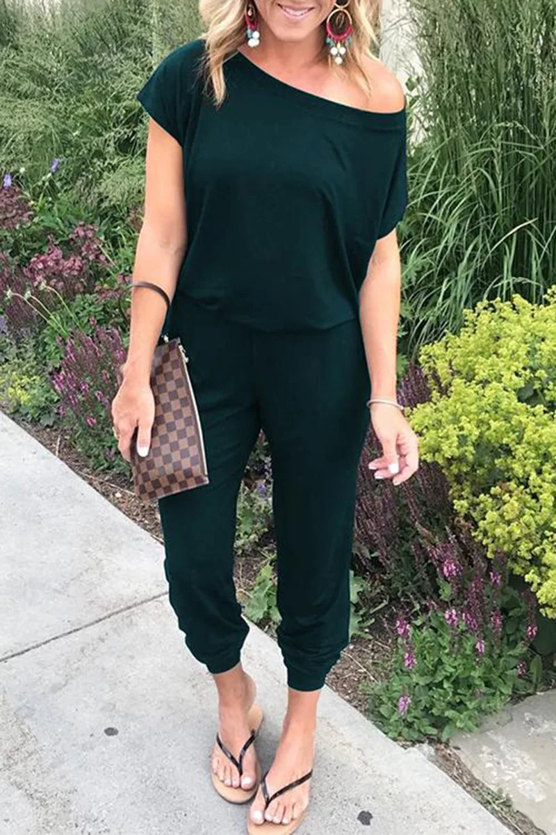 

2021 spring and summer fashion oblique shoulder short sleeve pocket women's jumpsuit leather pants