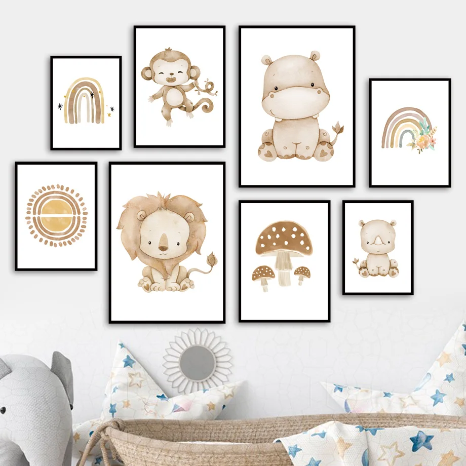 

Nordic Poster PaintingRainbow Sun Mushroom Monkey Hippo Rhino Lion Wall Art Print Canvas Boho Decor Pictures Girl Boy Baby Room